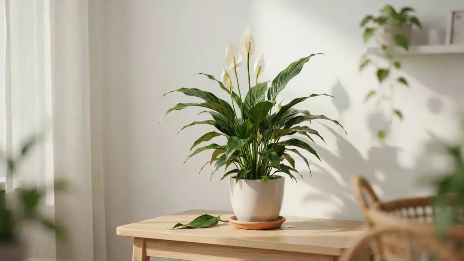 Peace lily light requirements infographic showing ideal bright indirect light conditions and basic care guidance for healthy growth.