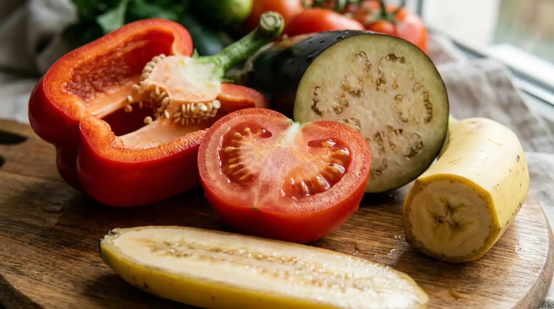 Cut peppers revealing seeds with other produce showing peppers are botanical berries and a fruit.