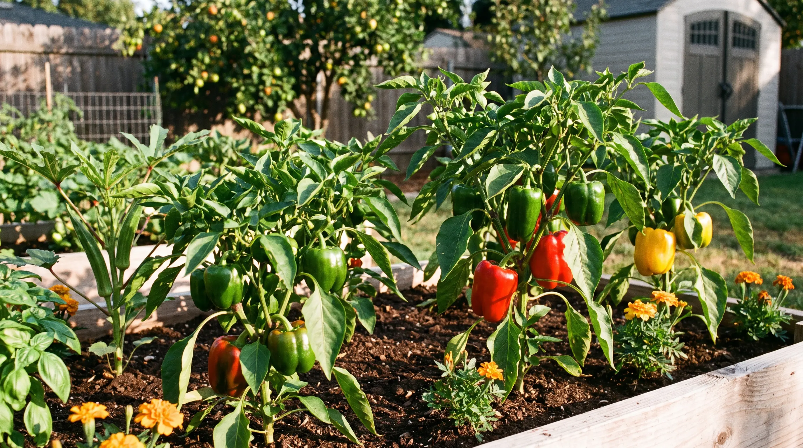 Healthy pepper plants with green, red, and yellow peppers growing in a home garden