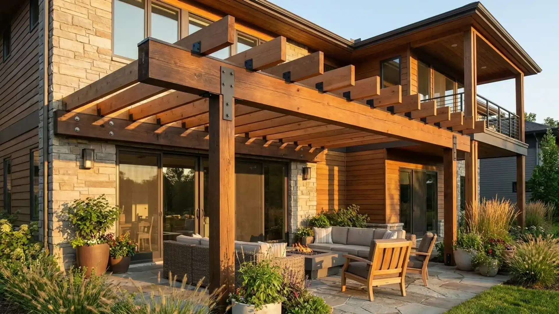 Modern wooden pergola attached to a house with outdoor seating area.