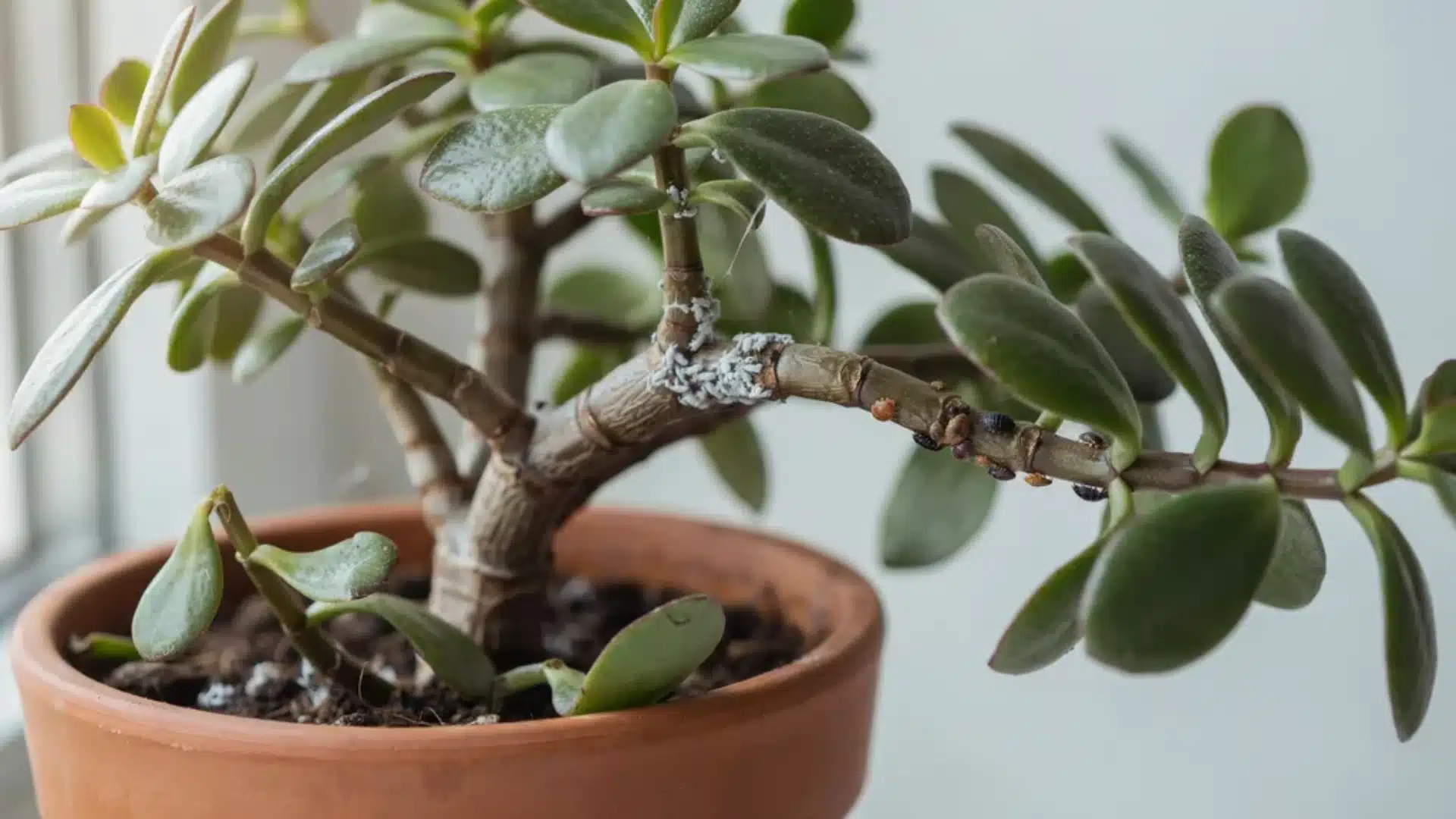 Close view of jade plant stems showing pest infestation with small insects and affected leaves.