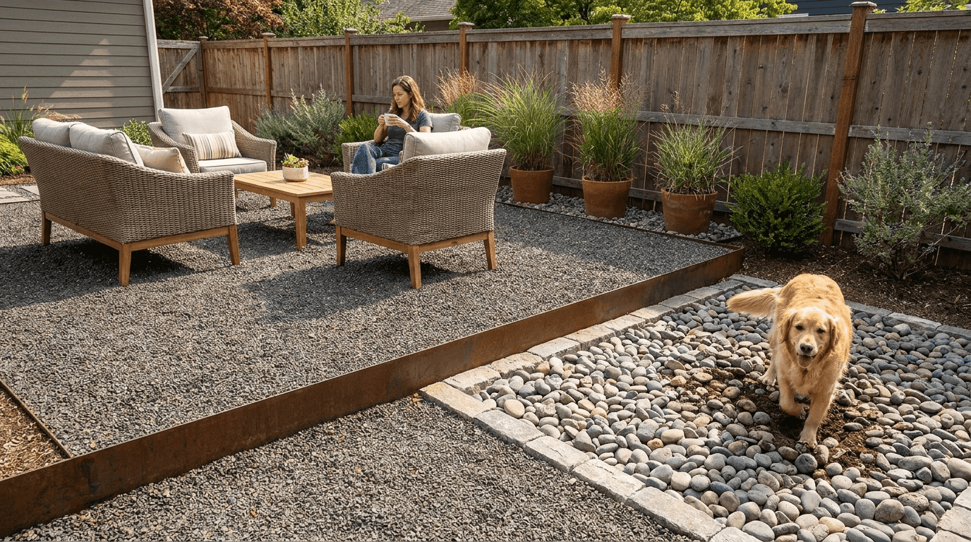 Pet-friendly gravel patio with separate dog digging zone and durable edging for backyard use.