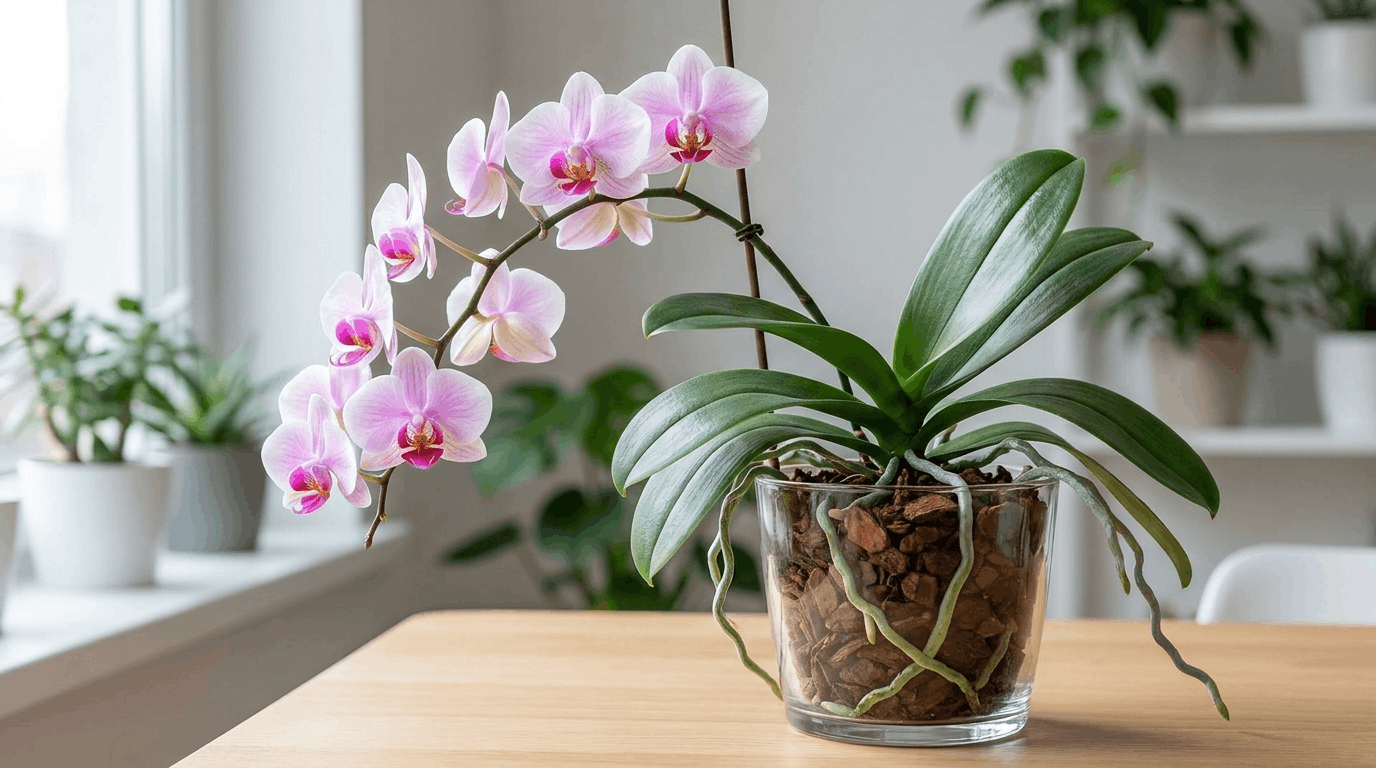Phalaenopsis moth orchid with white pink blooms arching stems and aerial roots growing in bark medium indoors.