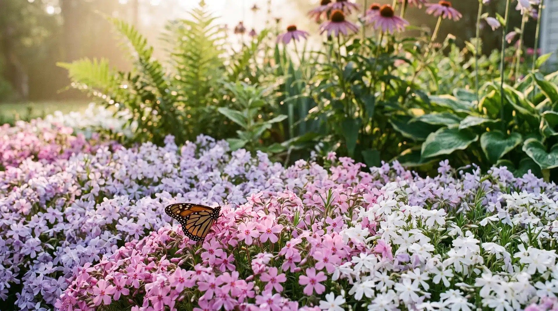 Pink and white phlox flowers with butterflies among flowers that attract butterflies in landscapes.