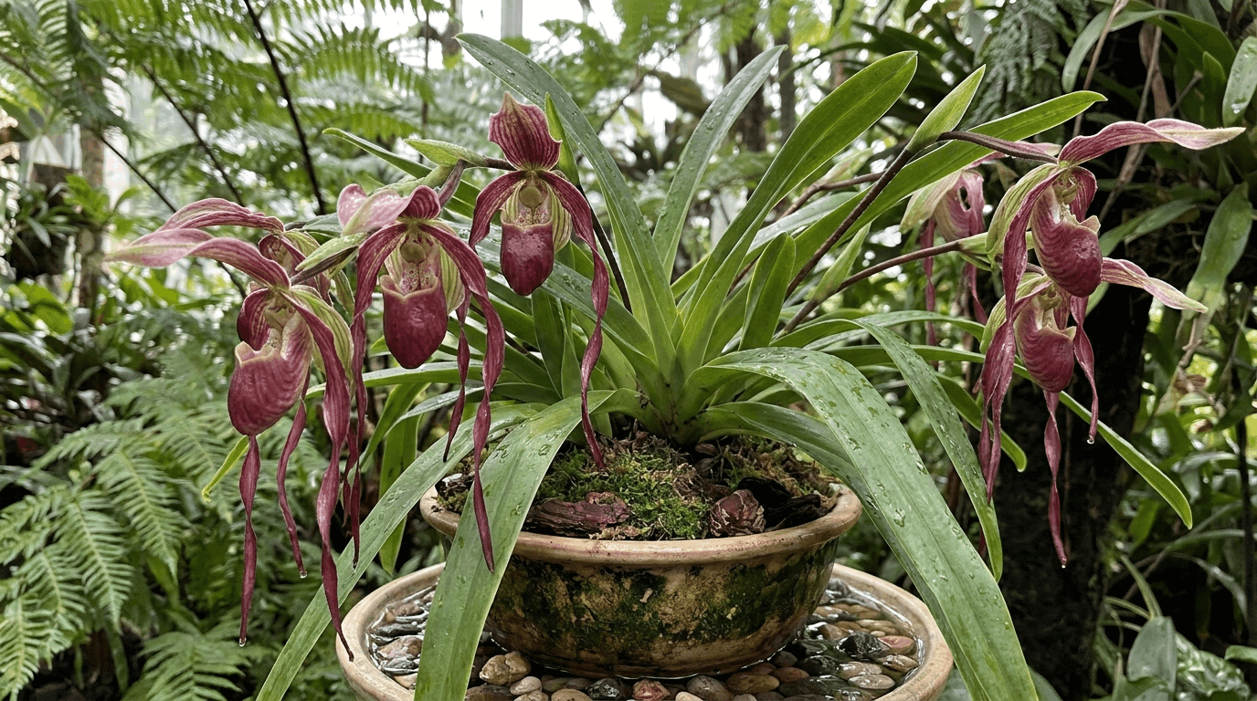 Phragmipedium orchid with slipper-shaped flowers and long petals growing in moist orchid environment.