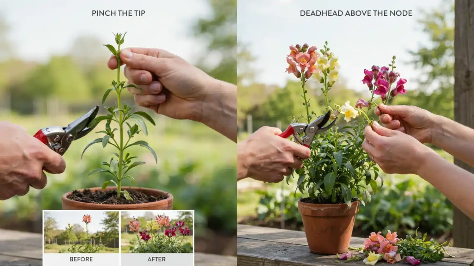Hands pinching snapdragon tips and pruning flowers to encourage more blooms, shown with before and after plant views.