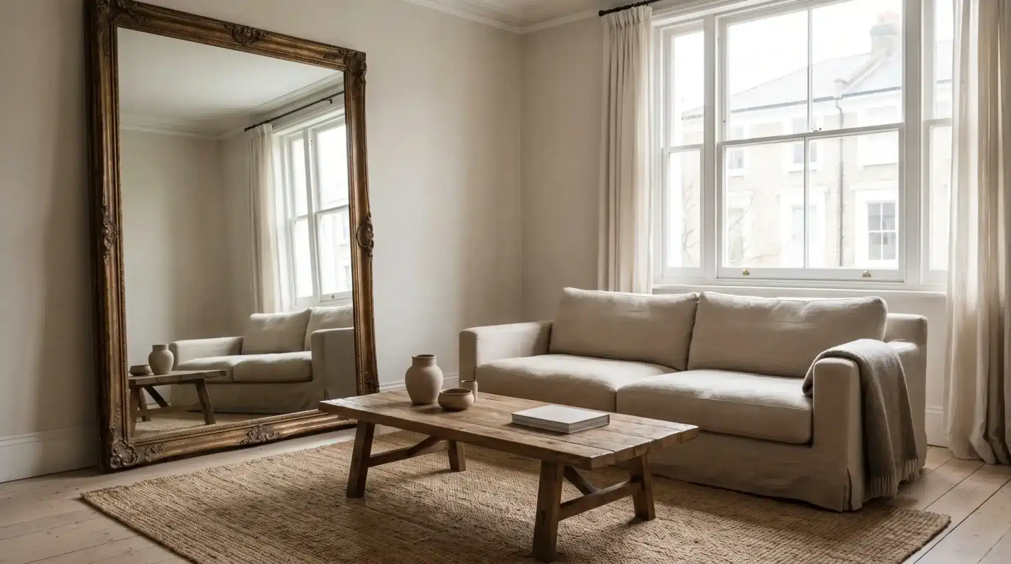 Large wall mirror reflecting natural light to make small living room look bigger and more open.
