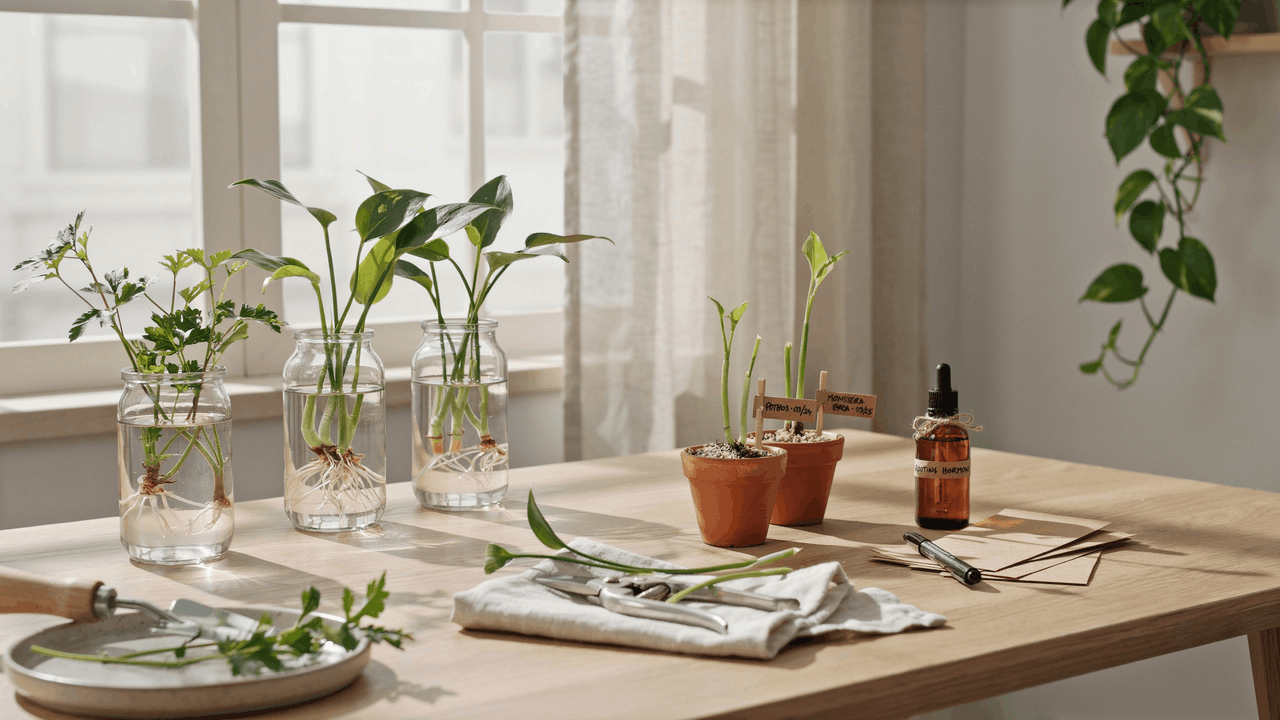 Realistic indoor plant propagation setup showing cuttings in water jars soil trays and tools on a wooden table.