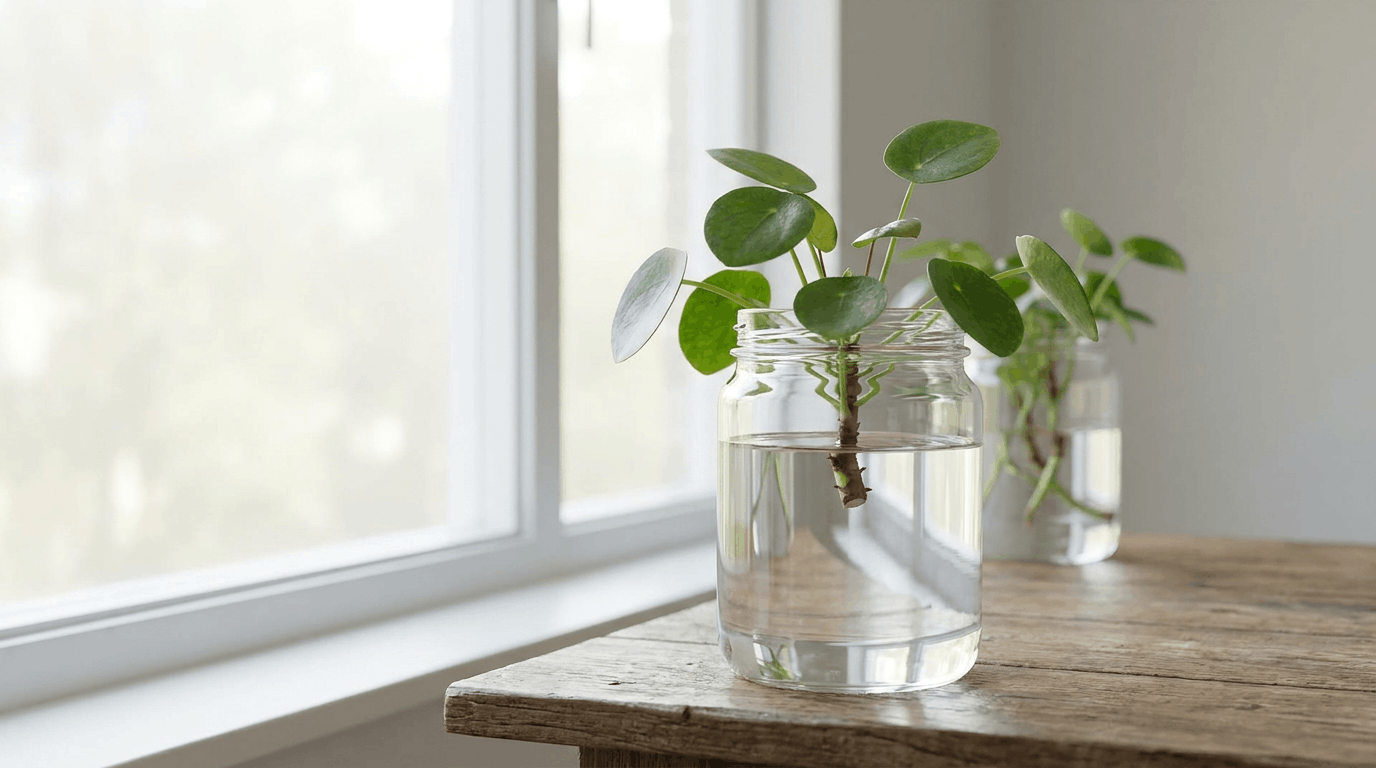 Plant cutting placed in clear glass jar filled with water showing node submerged and leaves above waterline.