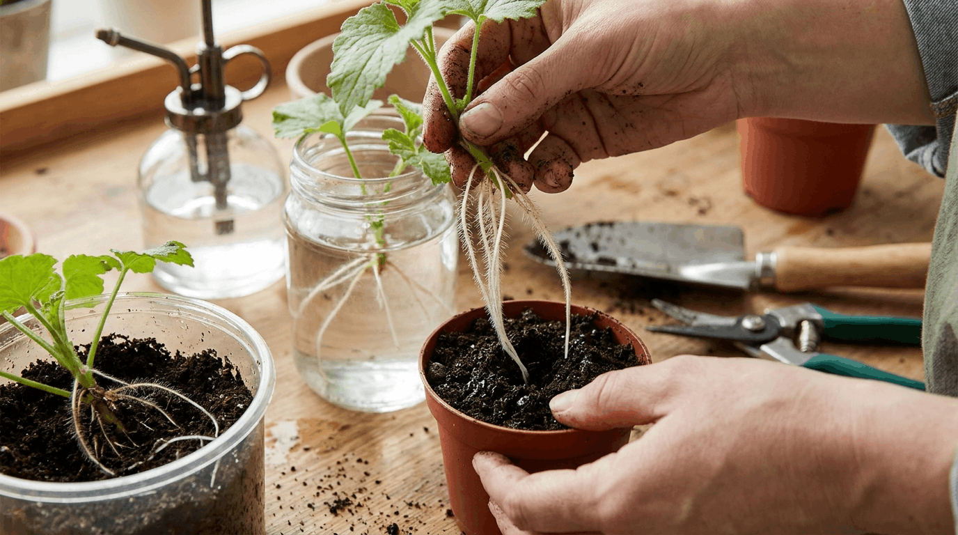 Rooted plant cutting transferred from water jar into soil pot showing transition from water roots to potting mix.