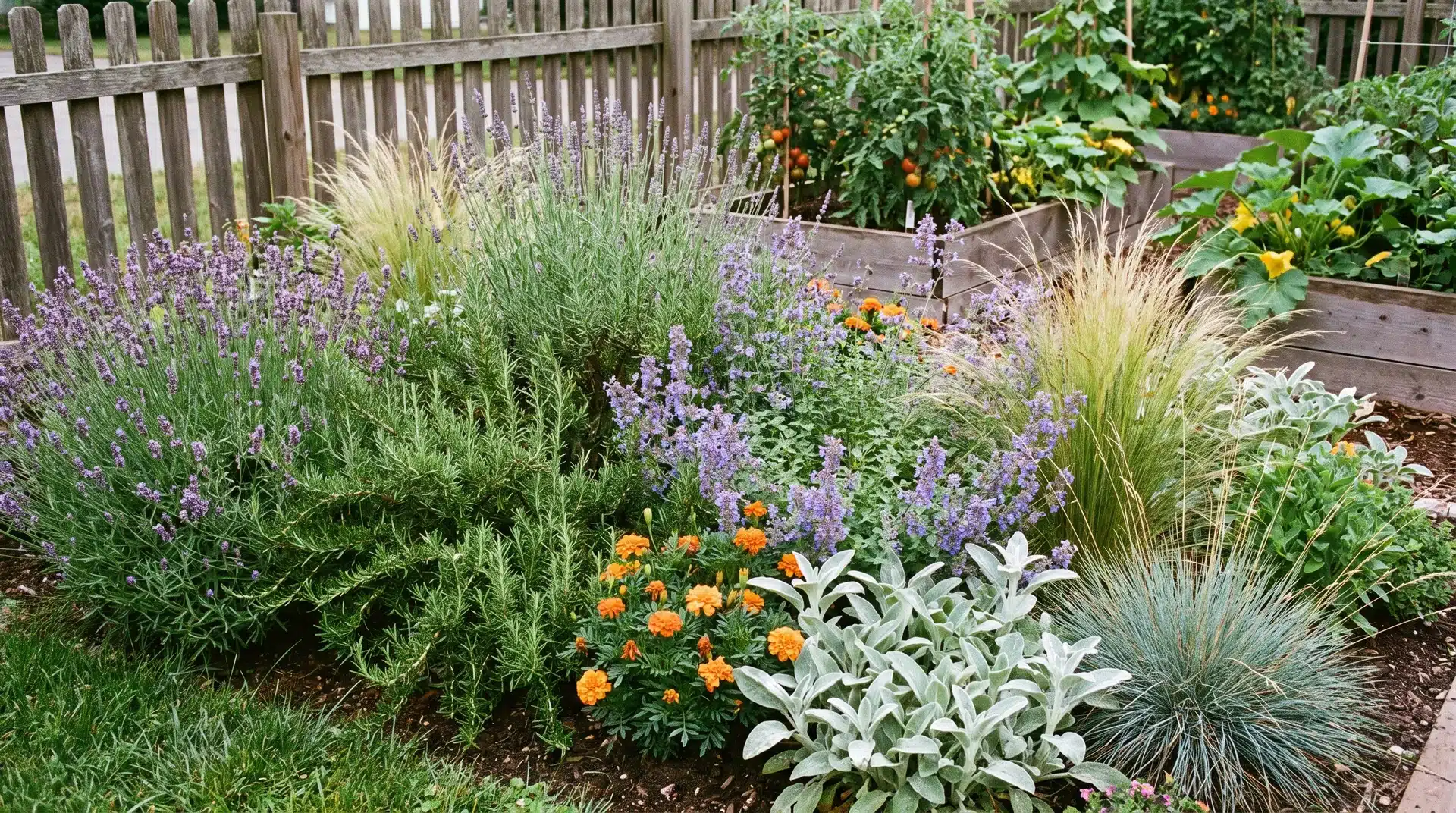 Lavender, rosemary, and ornamental grasses help keep deer out of garden with natural scent barriers.