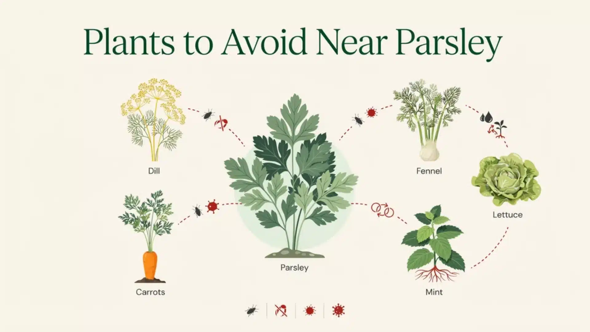 Illustration showing plants to avoid near parsley, including dill, fennel, mint, carrots, and lettuce.