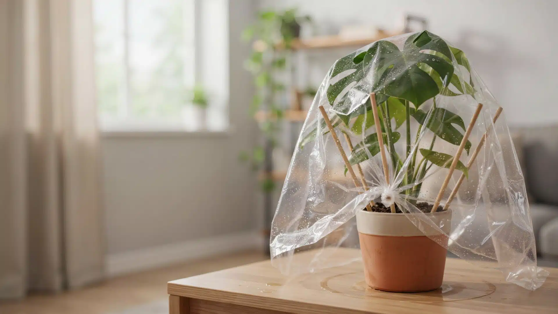 Indoor plant covered with plastic bag creating a humidity greenhouse effect for propagation and moisture retention.