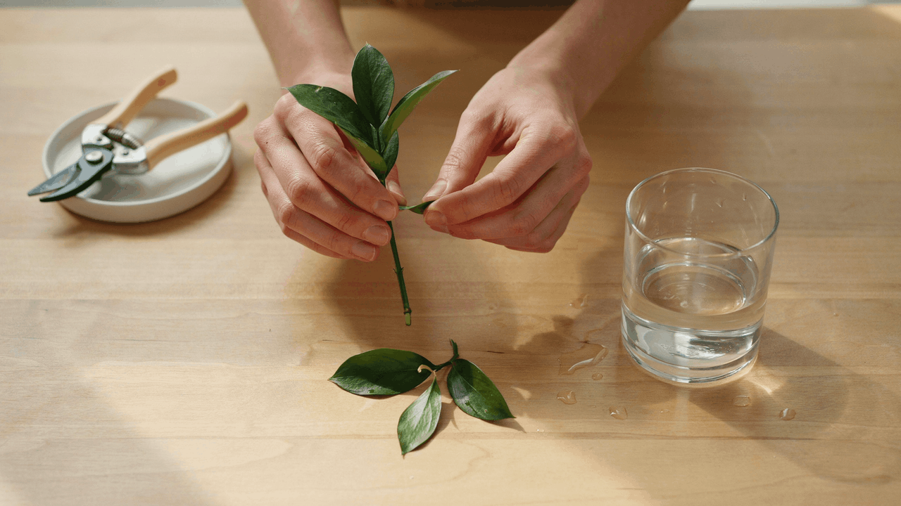 Plant cutting with lower leaves being removed to prevent rot before placing stem into water propagation jar.