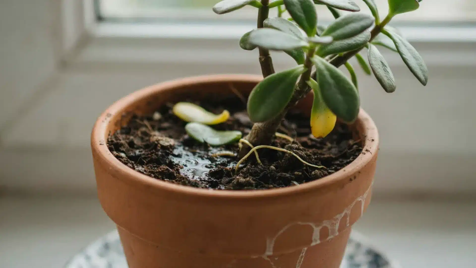 Potted jade plant in compact, waterlogged soil indicating poor drainage and unhealthy root conditions.