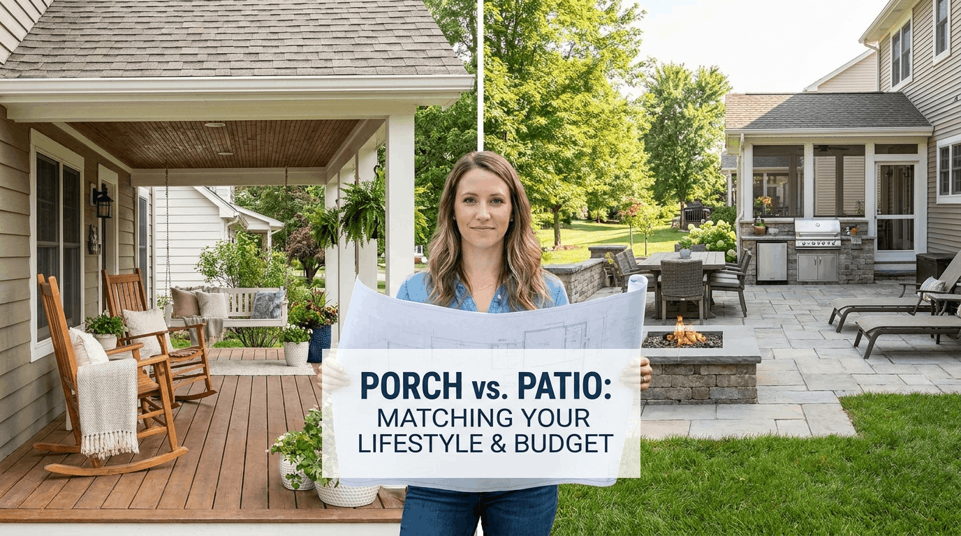 Homeowner comparing covered porch and backyard patio options for lifestyle and outdoor use.