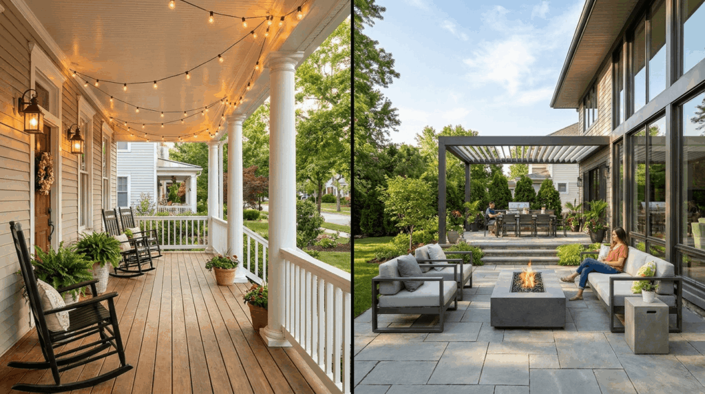 Covered porch and open patio compared side by side showing different outdoor living spaces in residential home design.