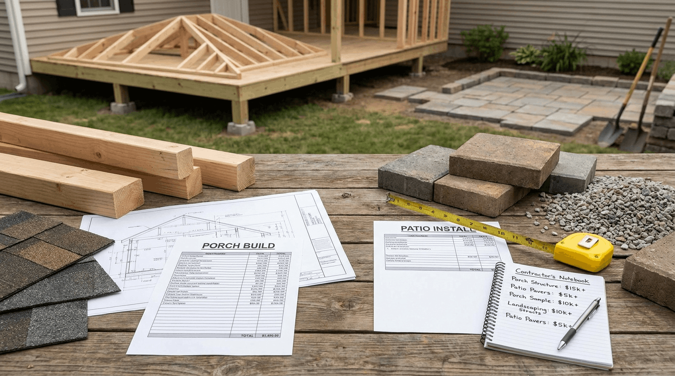 Comparison of attached covered porch and separate ground-level patio showing key outdoor structure differences.