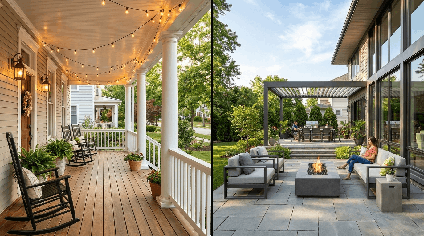 Covered porch and open patio compared side by side showing different outdoor living spaces in residential home design.