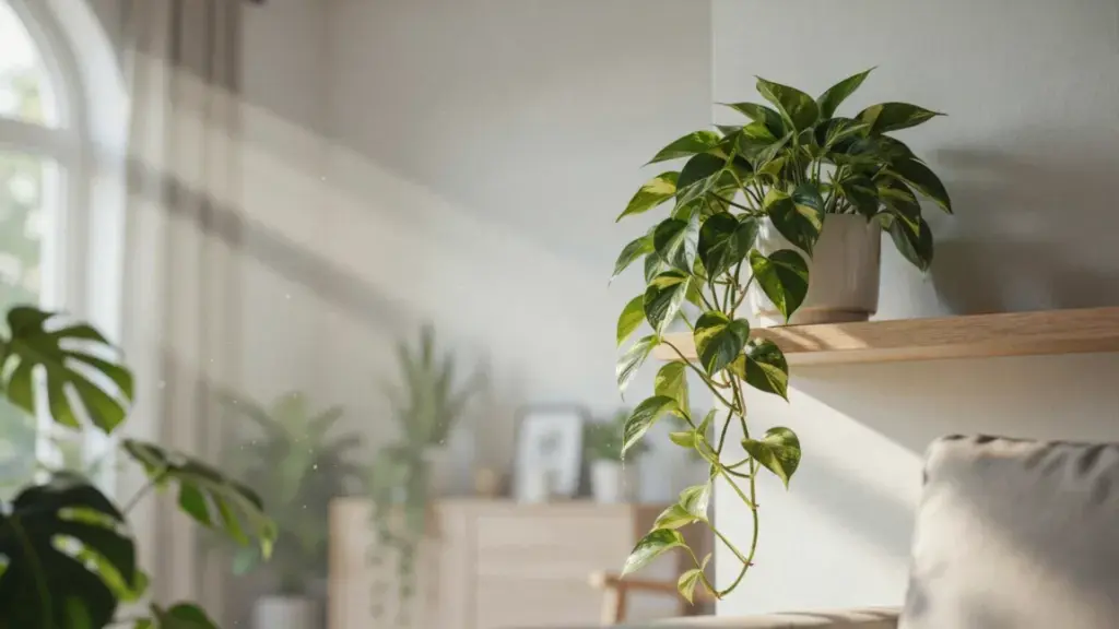 Close-up of a pothos plant in a ceramic pot placed on a wooden shelf in a bright indoor living room, with soft natural sunlight.