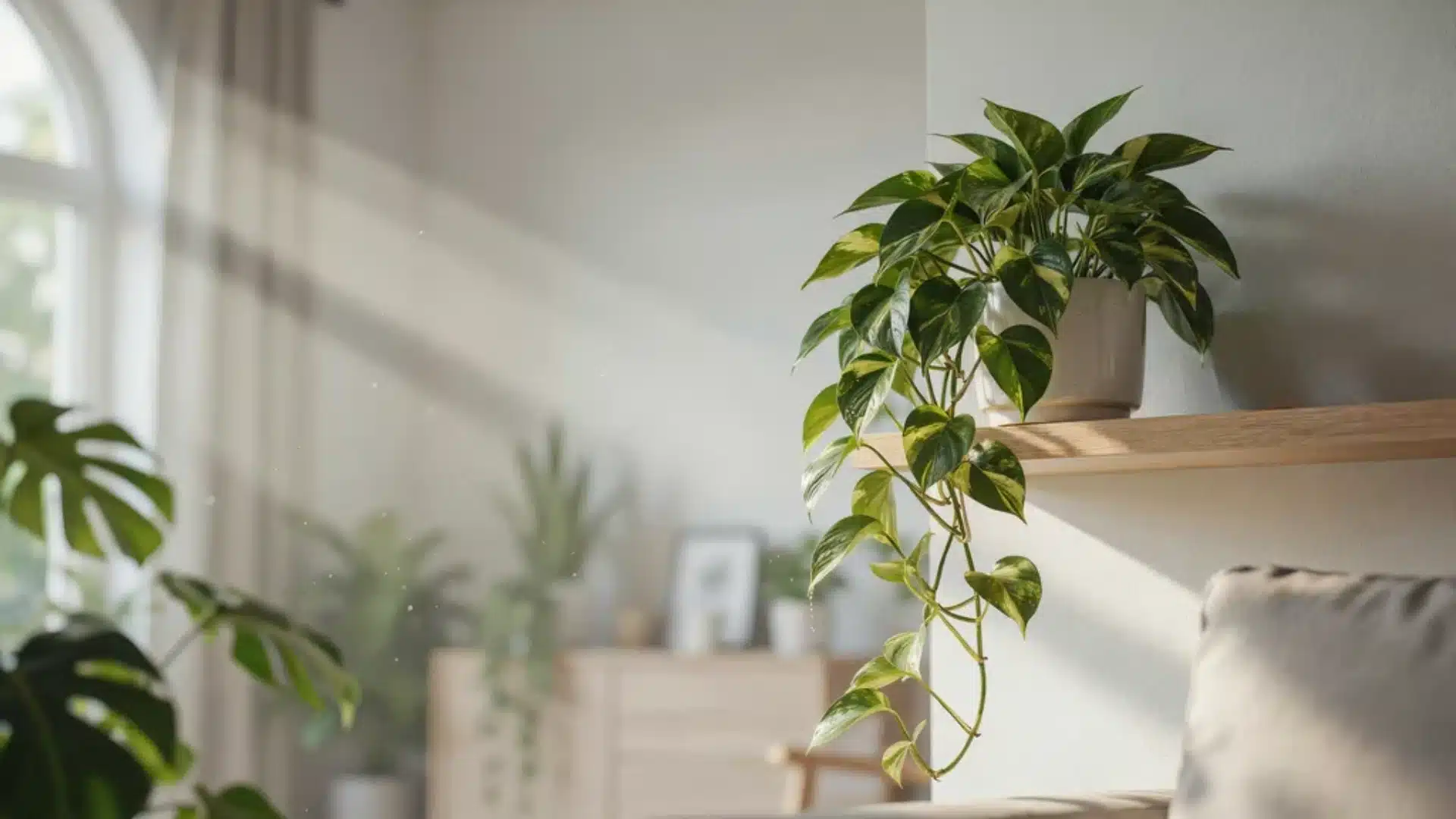 Close-up of a pothos plant in a ceramic pot placed on a wooden shelf in a bright indoor living room, with soft natural sunlight.