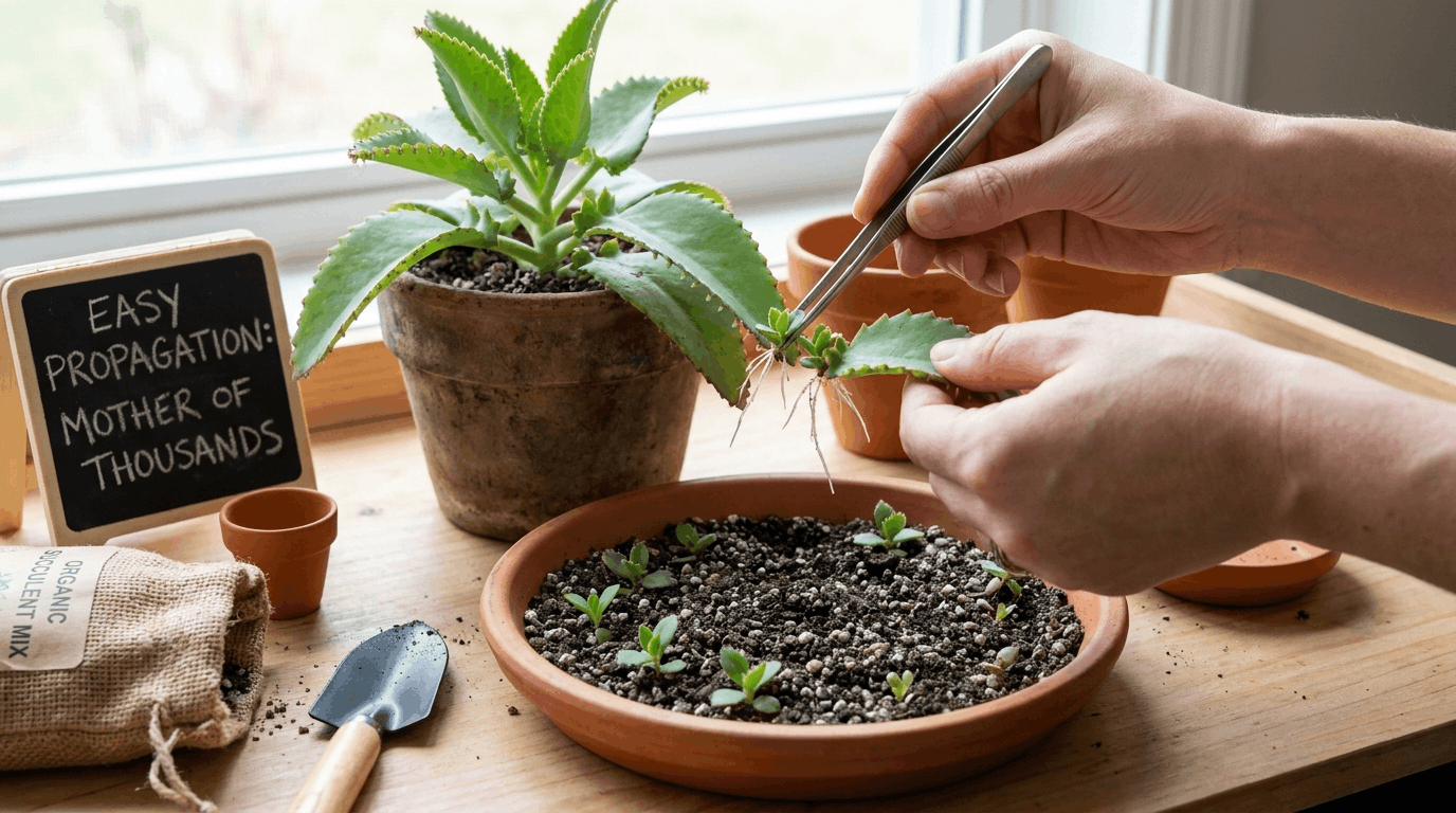 Mother of Thousands plantlets being propagated from leaf edges in shallow succulent soil tray.