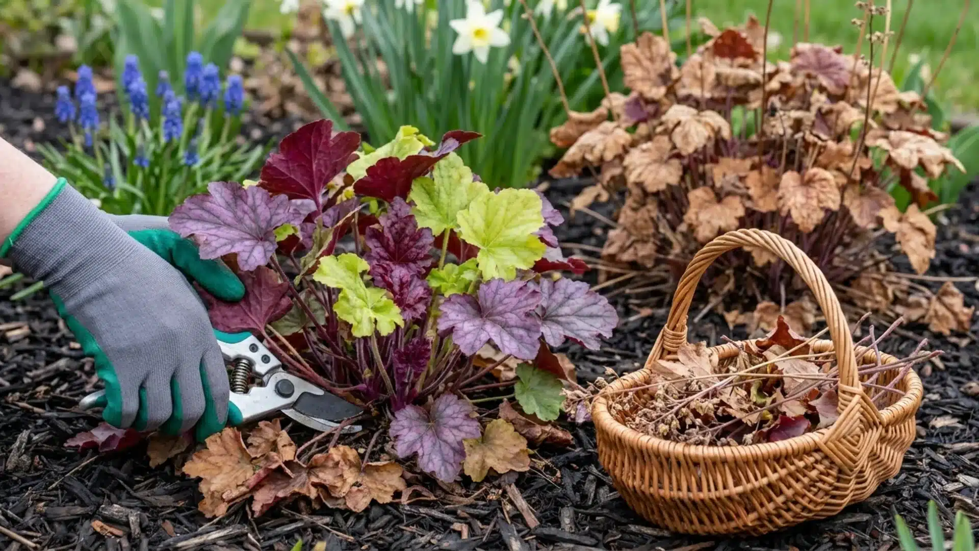 Gardener trimming old coral bells leaves and removing damaged foliage with pruning shears.