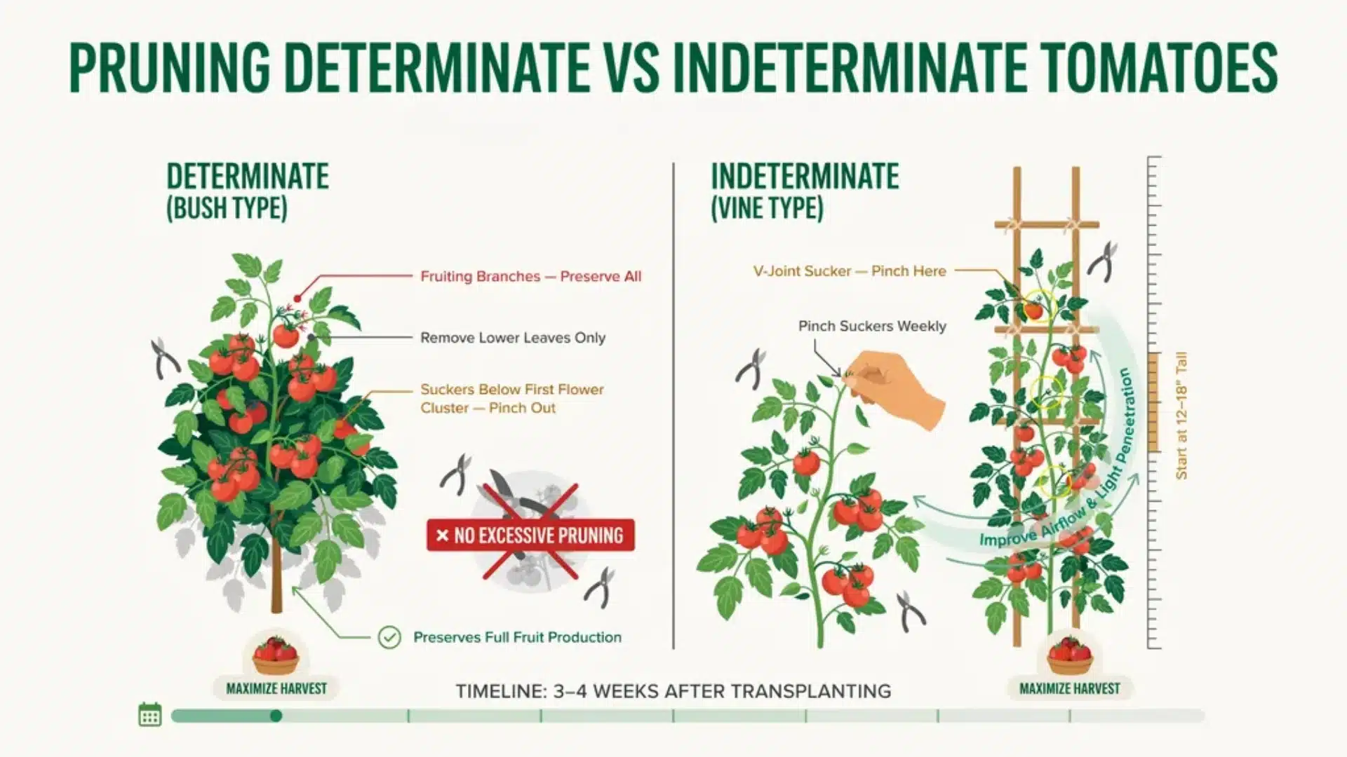 Pruning guide comparing determinate and indeterminate tomatoes, showing suckers, trimming methods, and airflow tips.