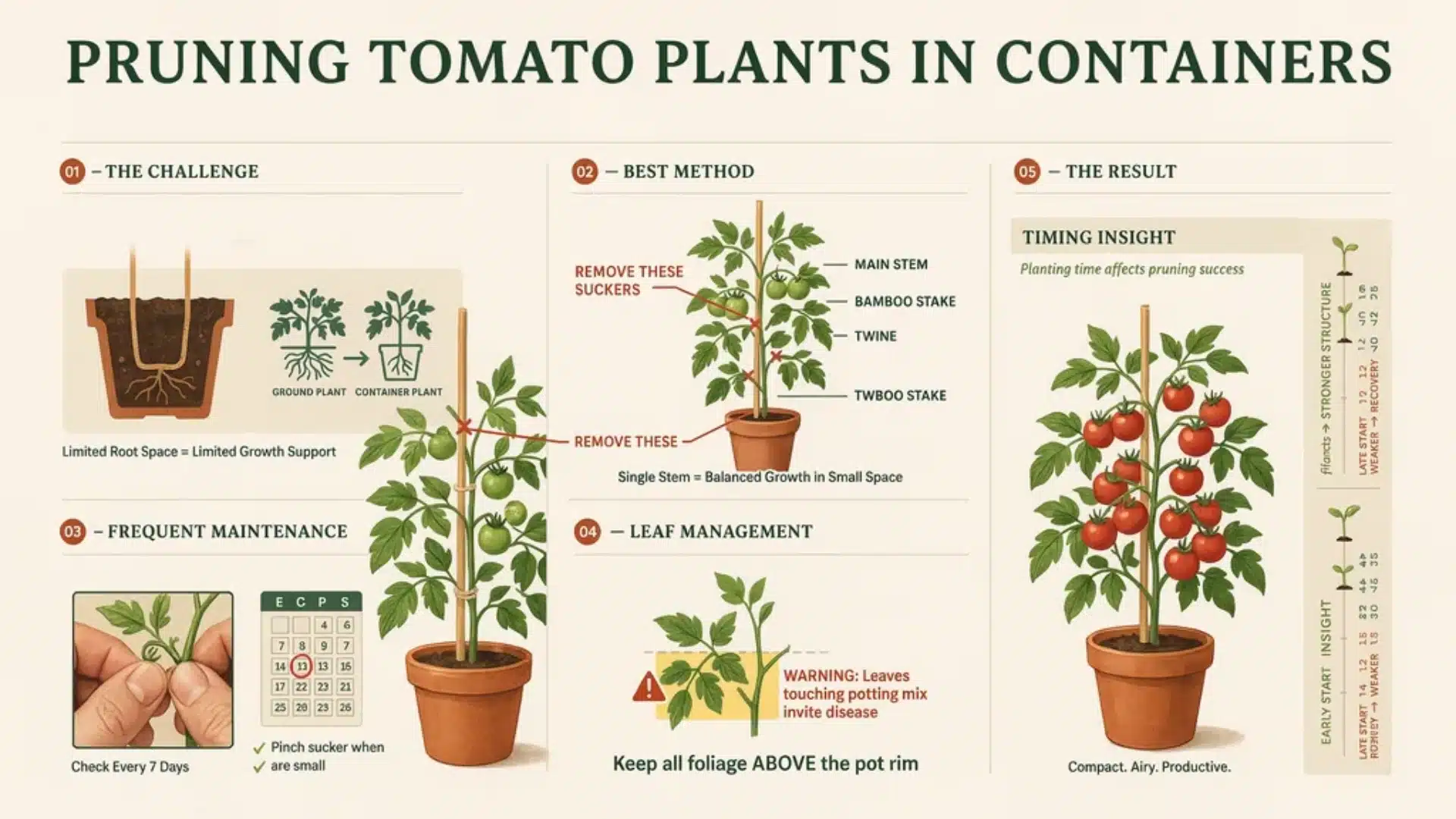 An infographic showing a container-grown tomato plant with staking and pruning steps, highlighting suckers, stem structure, and airflow improvement.