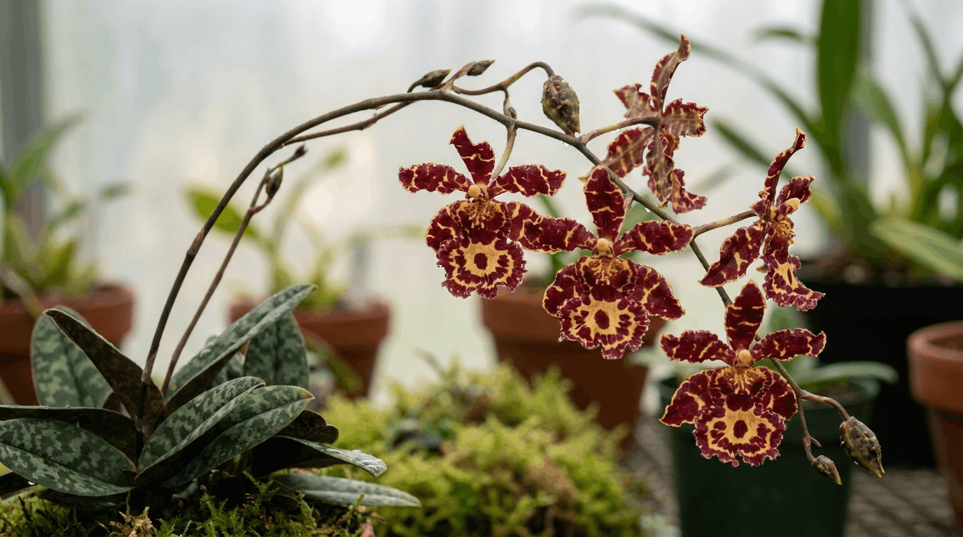 Psychopsis orchid with butterfly-shaped burgundy and gold flowers on tall blooming spike.
