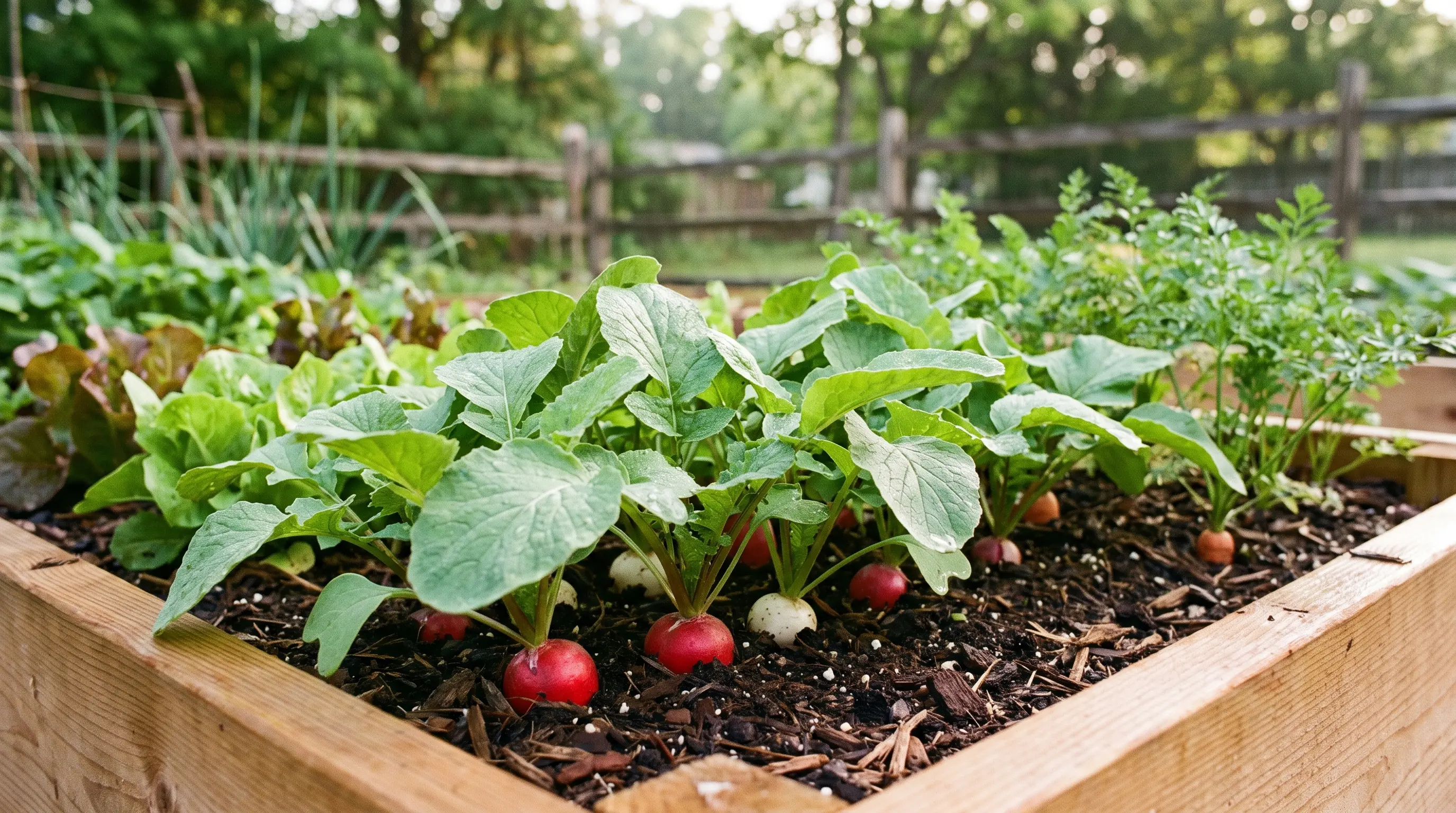 Fresh radish plants with green leaves and roots growing in garden soil