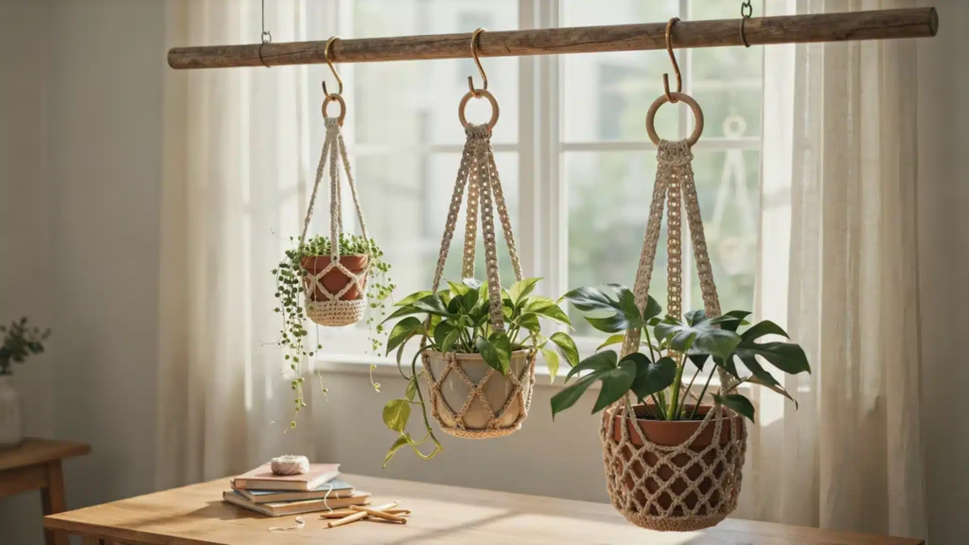 Sunlit room with a wooden table and hanging crocheted planters near a window, with indoor plants and boho-style decor.