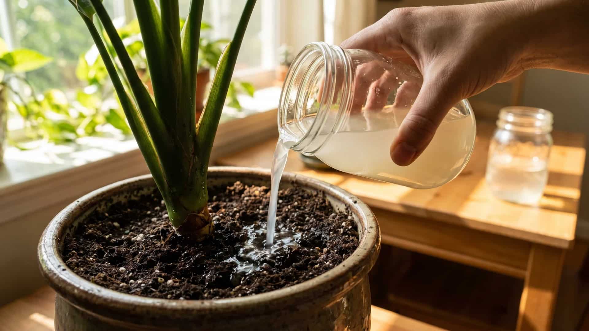 Hand pouring diluted rice water from a jar into the soil of a potted indoor plant near a sunny window.