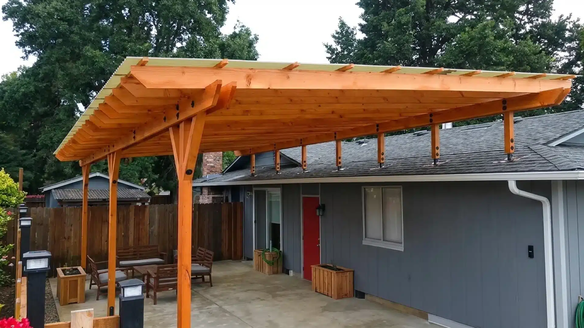 Wooden pergola roof brackets installed for house attachment pergola.