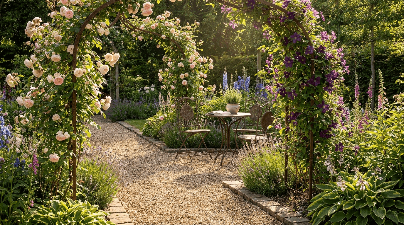 Gravel patio with rose arch entrance and climbing flowers creating a romantic English garden outdoor retreat.