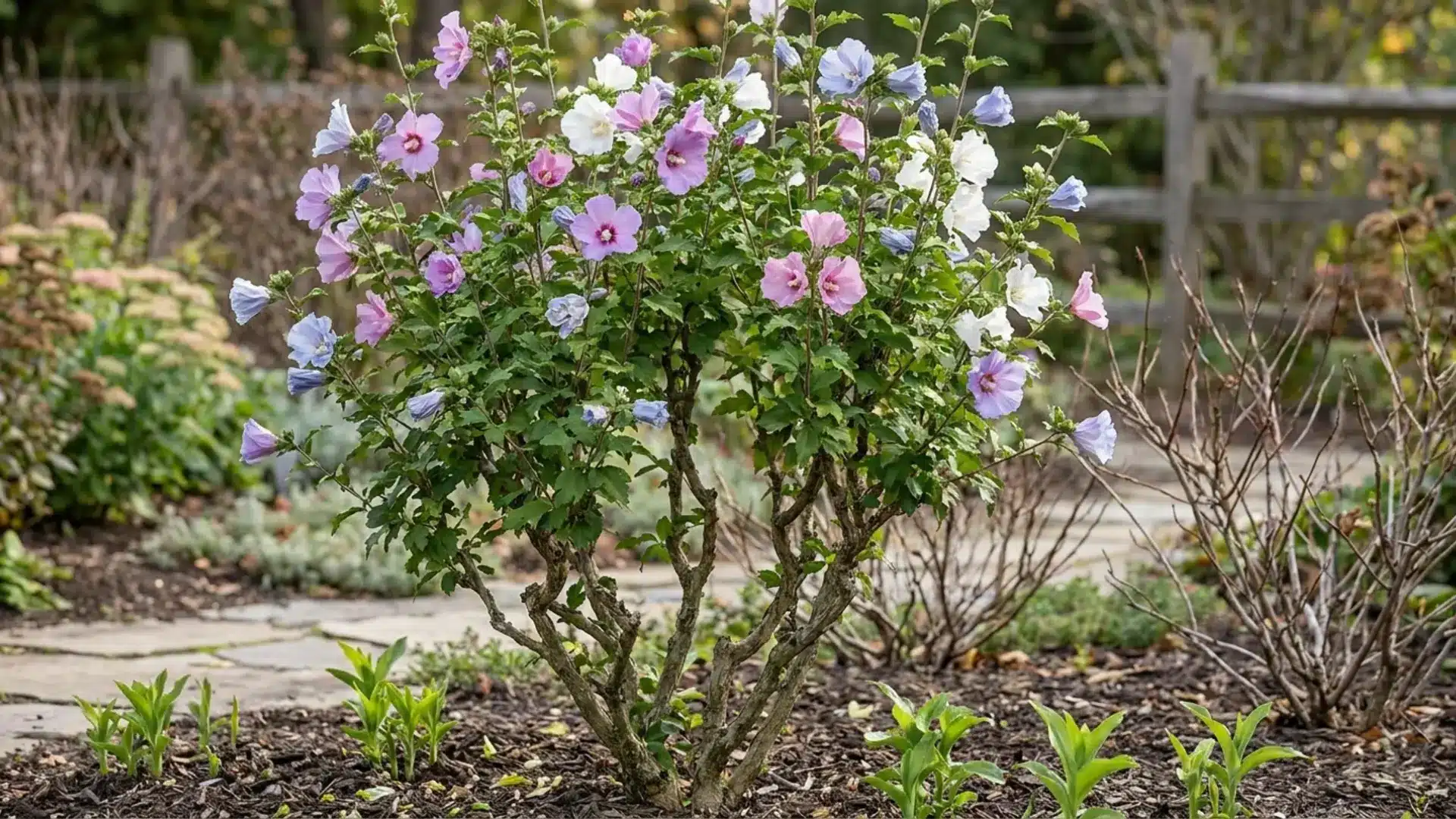 Rose of Sharon shrub with small pink, white, and purple hibiscus flowers blooming in a garden.