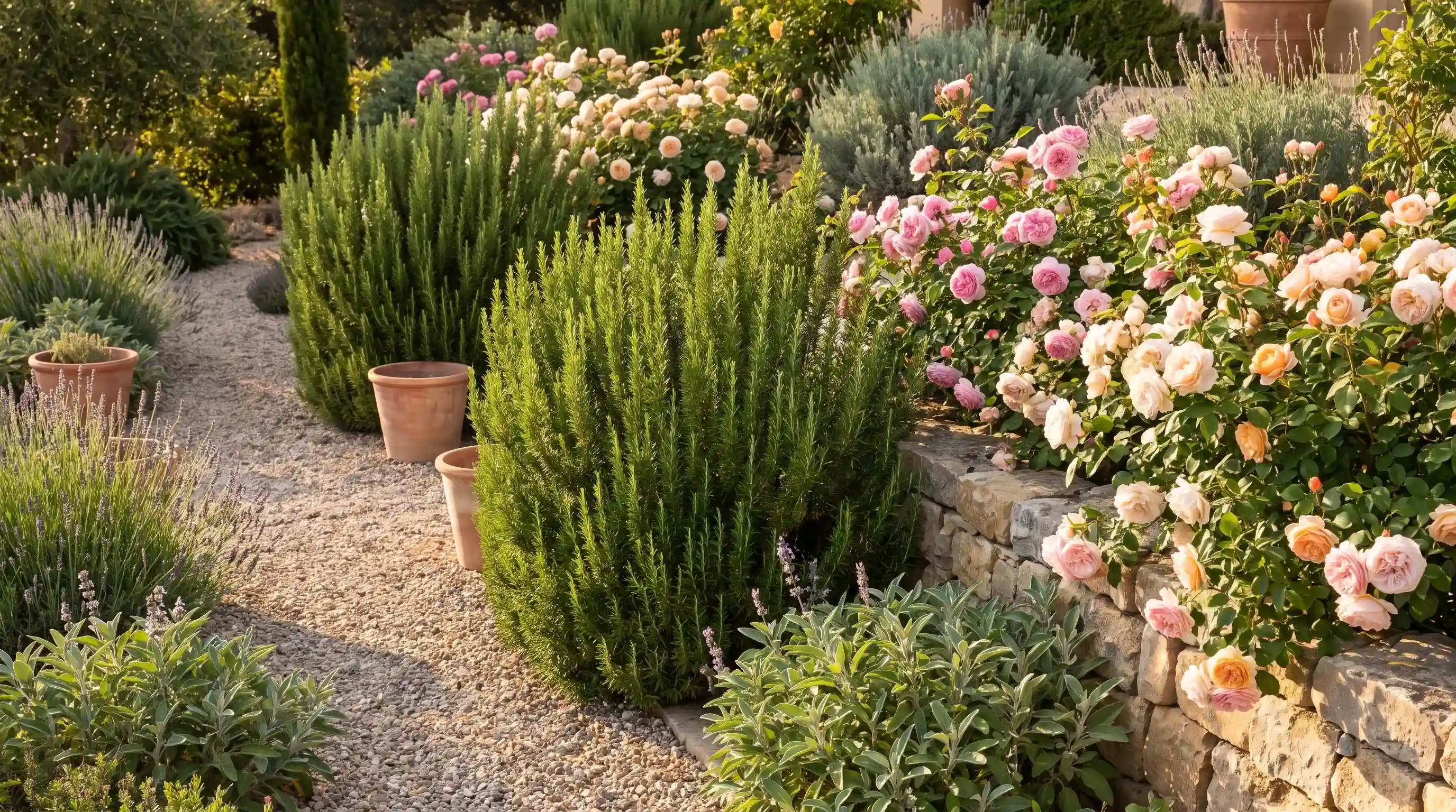Rosemary shrubs growing beside rose bushes in dry garden landscape companion plants for roses to keep pests away repelling common garden pests.
