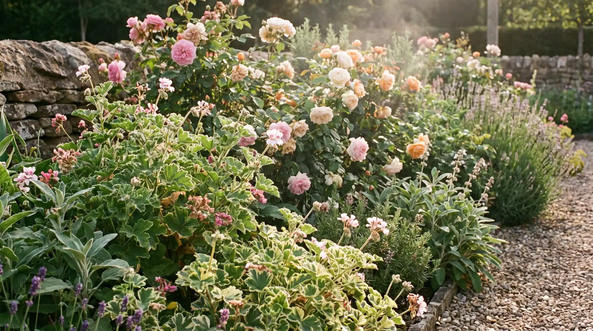Scented geraniums growing near rose bushes in mixed flower bed companion plants for roses to keep pests away deterring Japanese beetles.