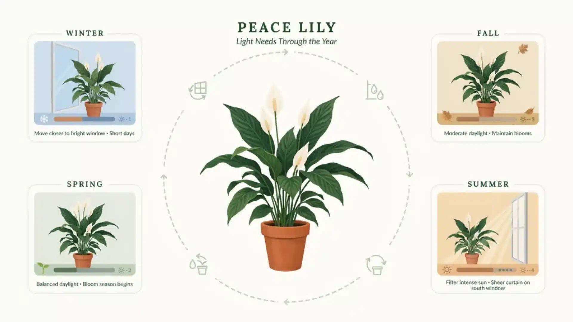 Seasonal light changes chart showing how light levels affect peace lily care through winter, spring, summer, and fall.