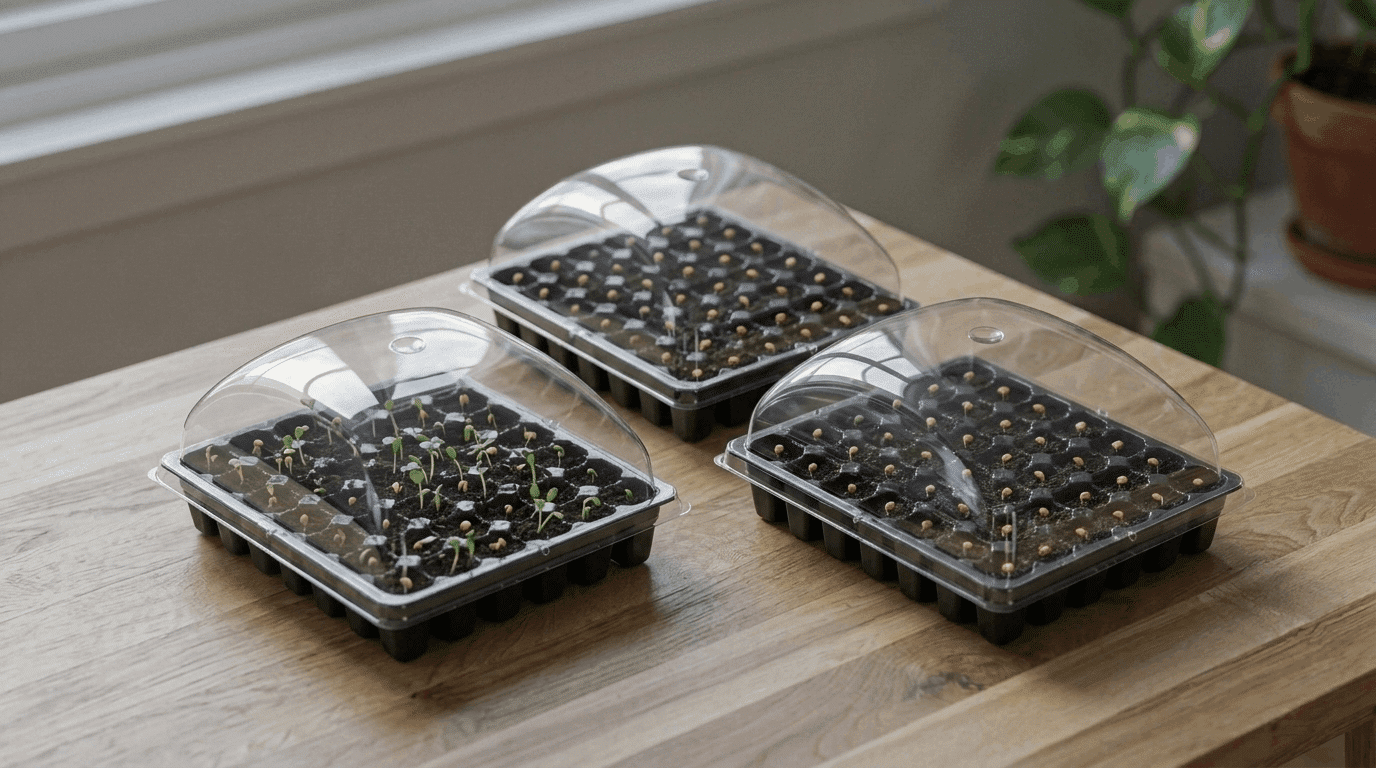 Seed trays filled with soil mix under humidity dome showing early germination setup in clean indoor gardening workspace.