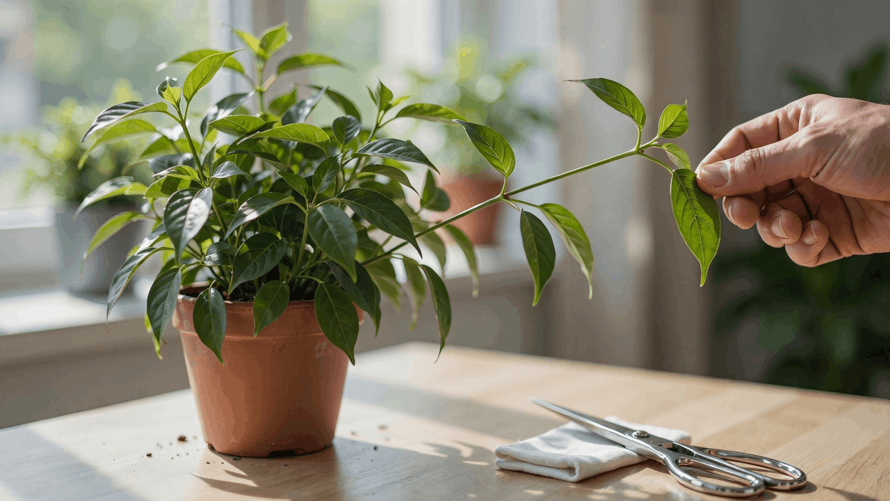 Gardener selecting healthy green stem cutting with visible node from mother plant on clean wooden propagation workspace.