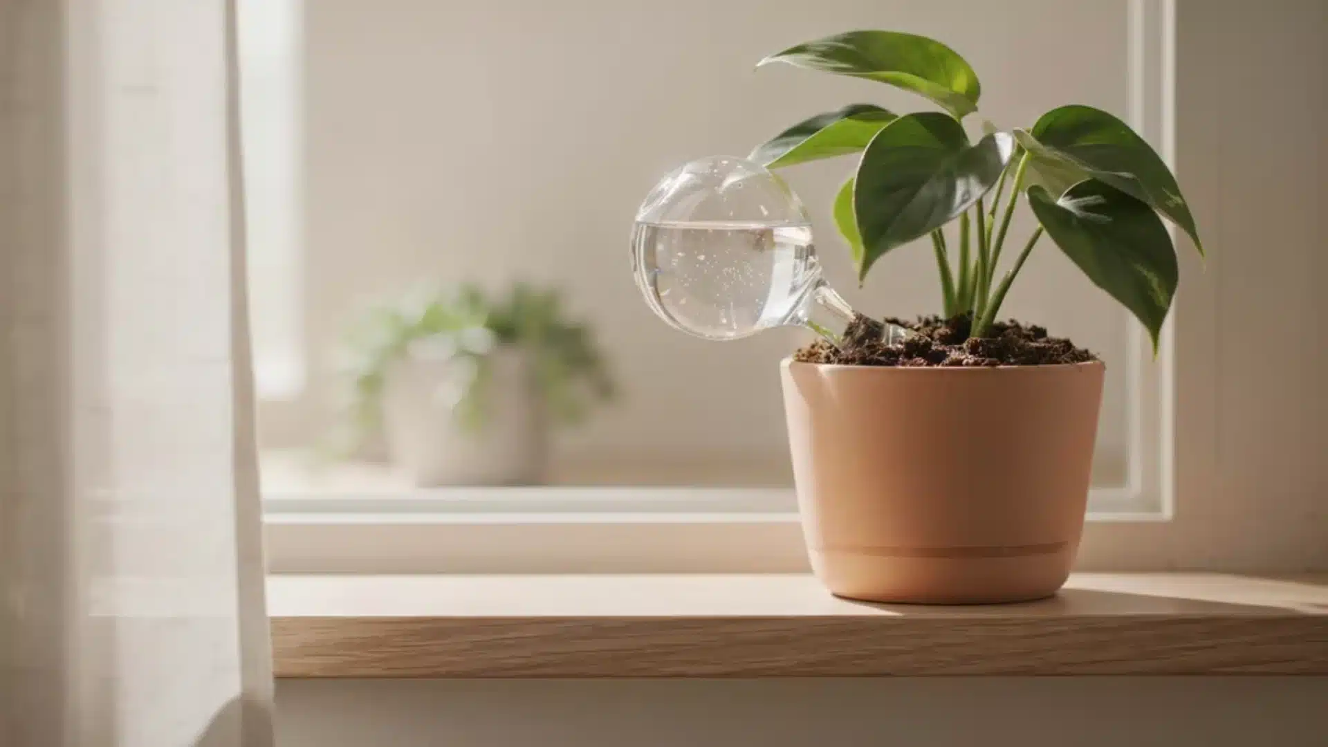 Self-watering plant bulbs inserted into potted plant soil, slowly releasing water to maintain consistent moisture.