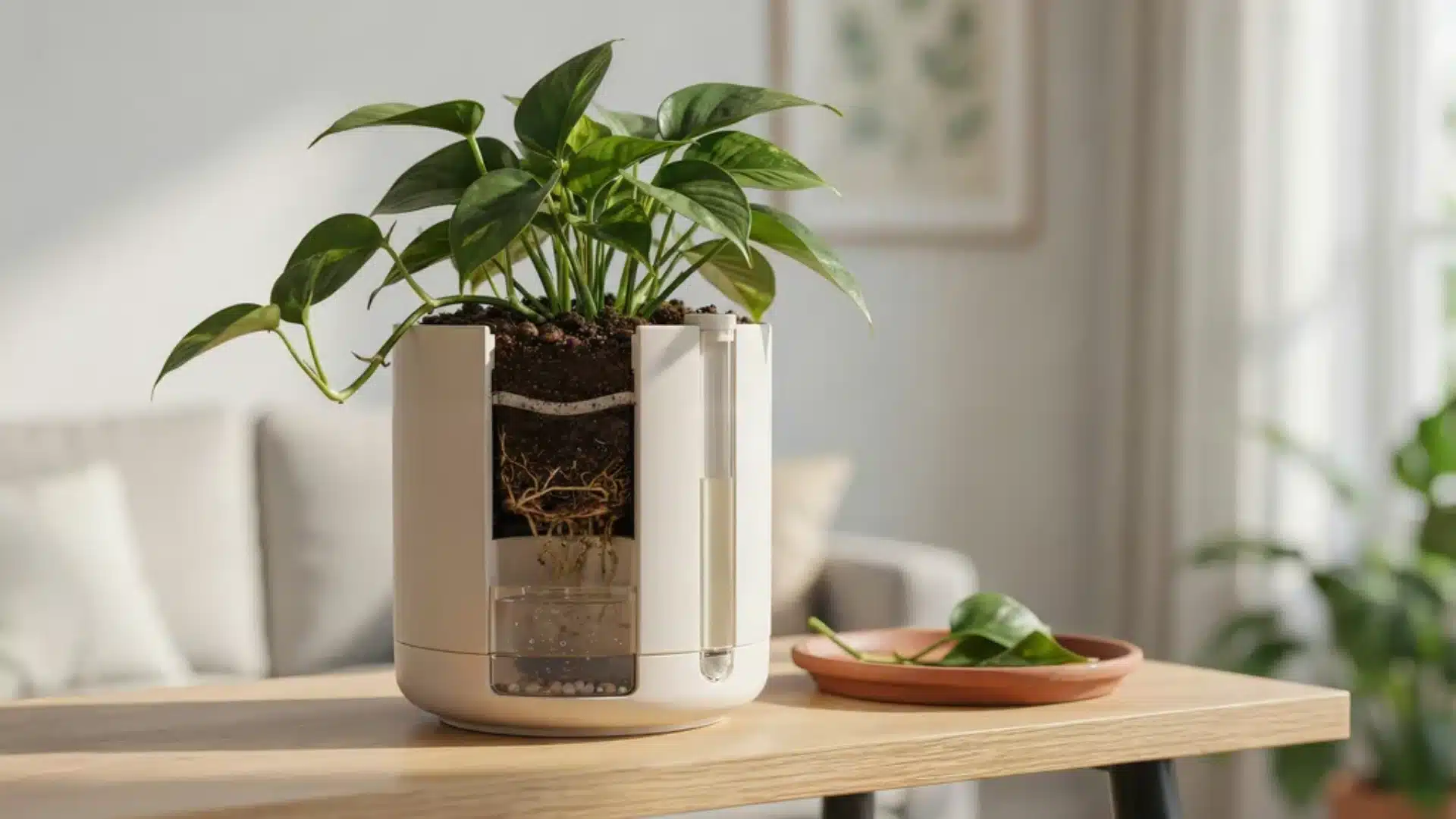 Self-watering indoor planter showing plant roots, soil layers, and built-in water reservoir for low-maintenance plant care.