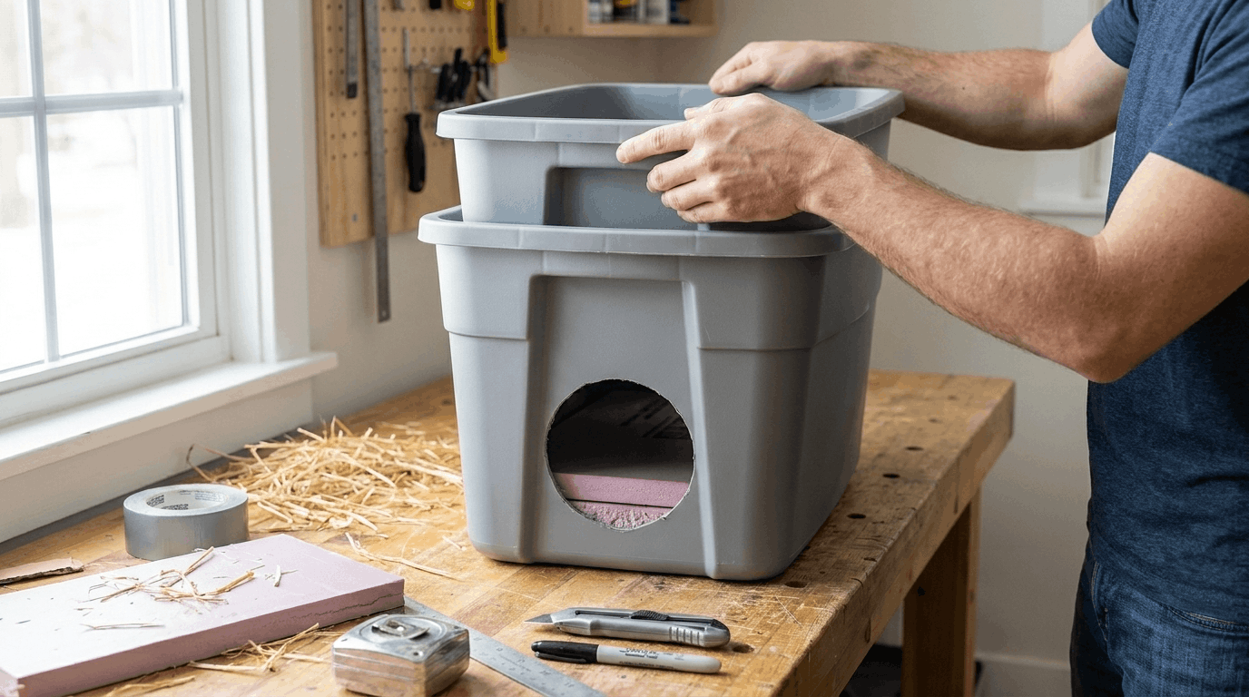 Placing smaller tote inside larger container to create insulated double-wall outdoor cat shelter structure.