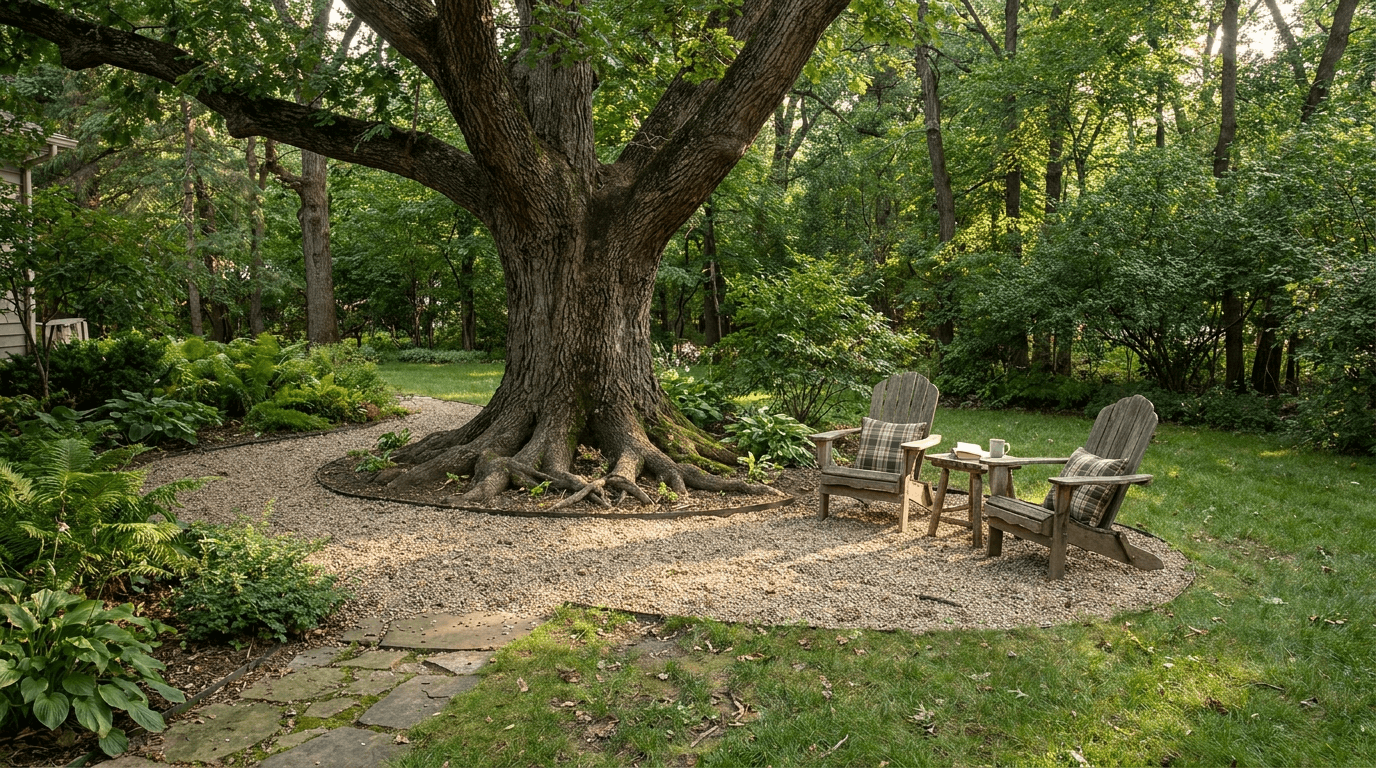 Gravel patio beneath mature shade tree with Adirondack chairs creating a peaceful backyard sitting area.
