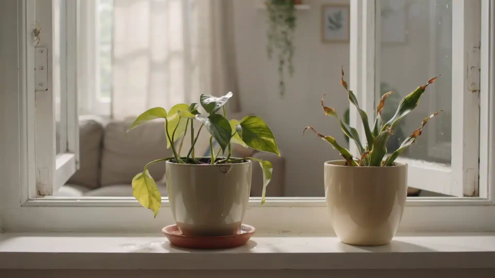 Two potted houseplants on a windowsill side by side, one showing yellowing droopy leaves and the other with dry, wilted, curled leaves, illustrating signs of overwatering versus underwatering in indoor plants.