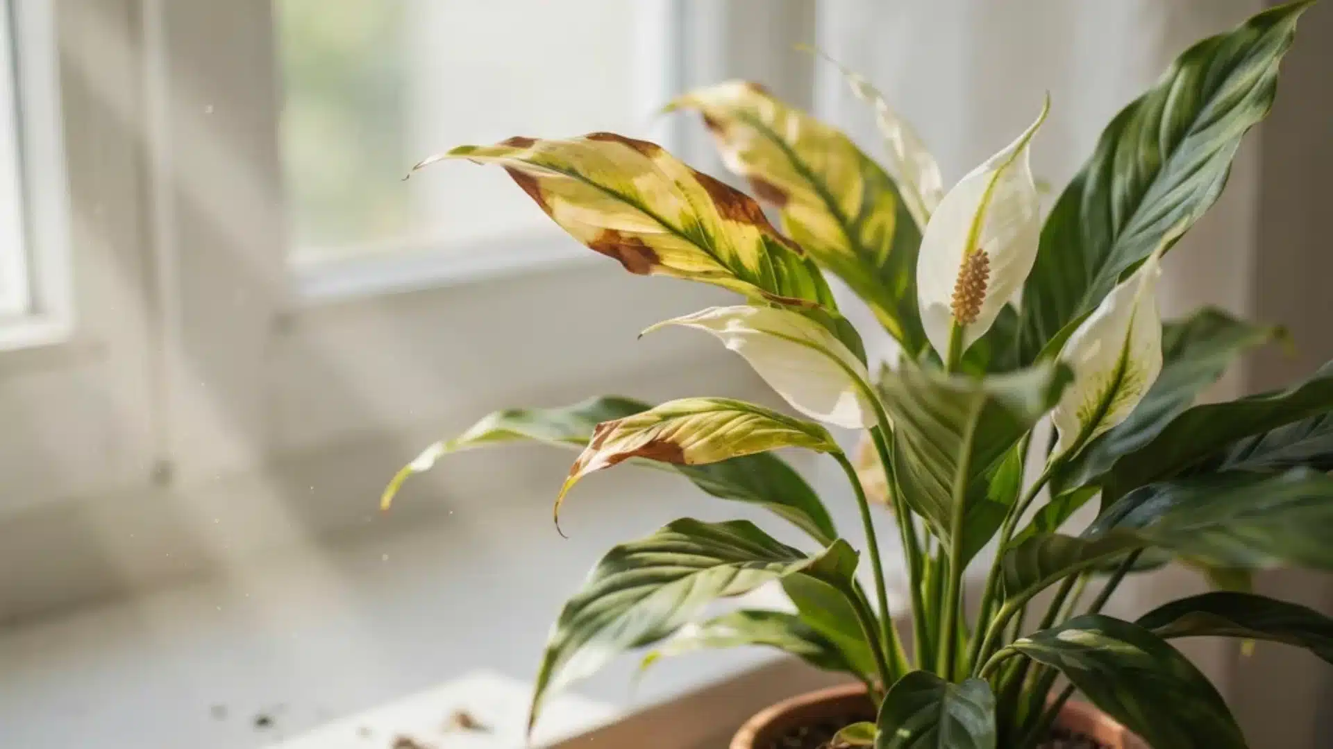 Image showing symptoms of too much light on peace lilies, including scorched or yellowing leaves.