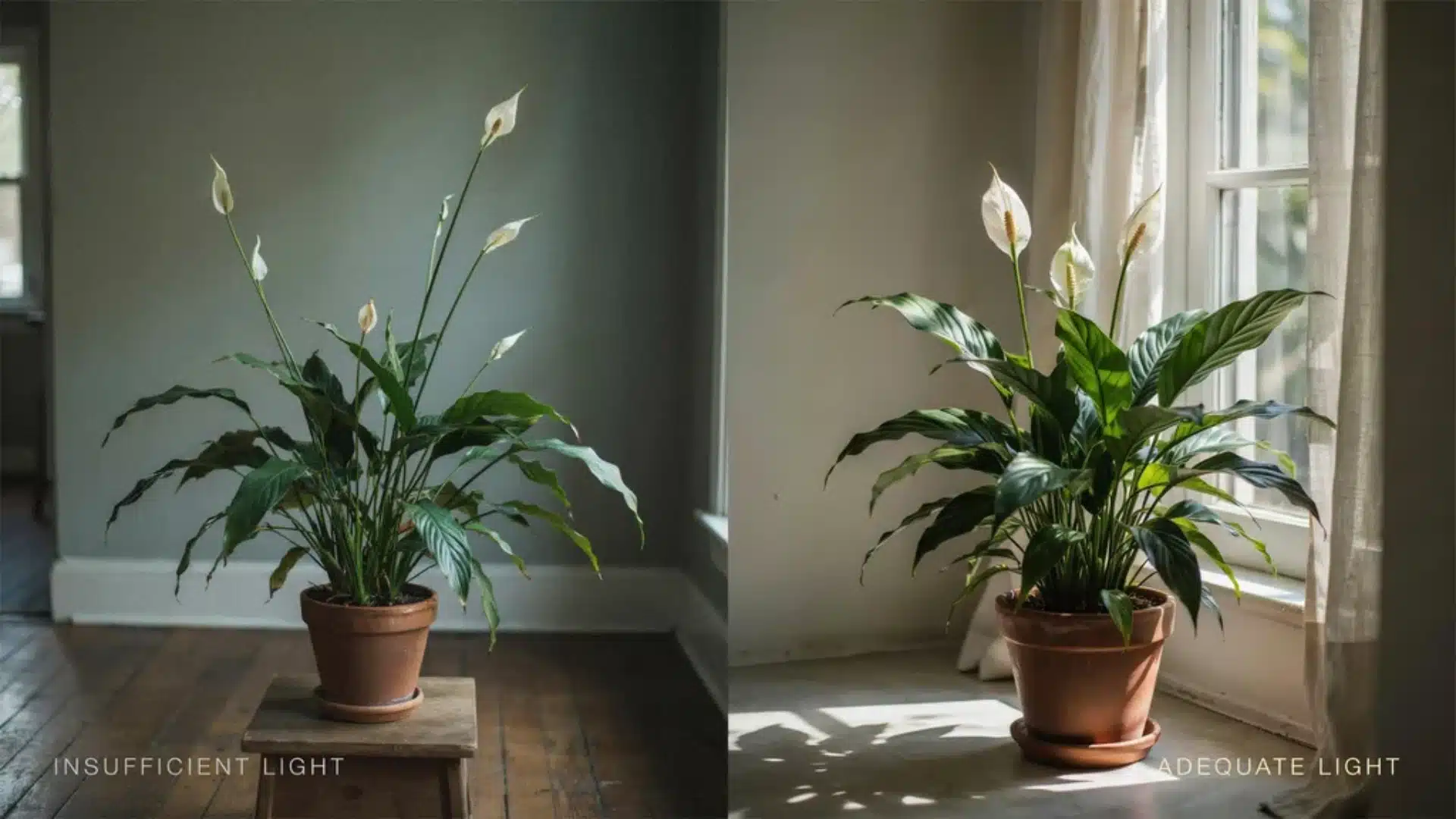 Visual showing signs of low light in peace lilies, including drooping leaves, slow growth, and lack of blooms.