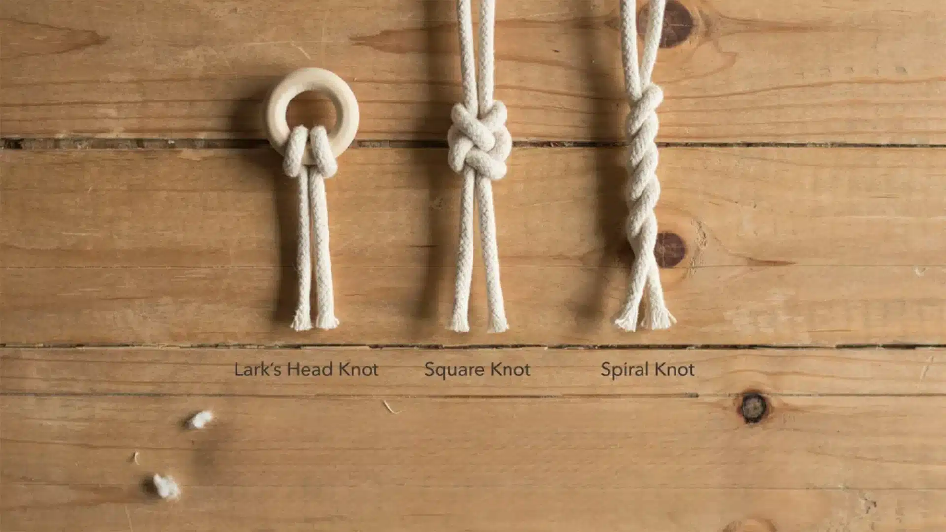 Instructional layout showing Lark’s head, square knot, and spiral knot examples using macramé cord on a wooden background.