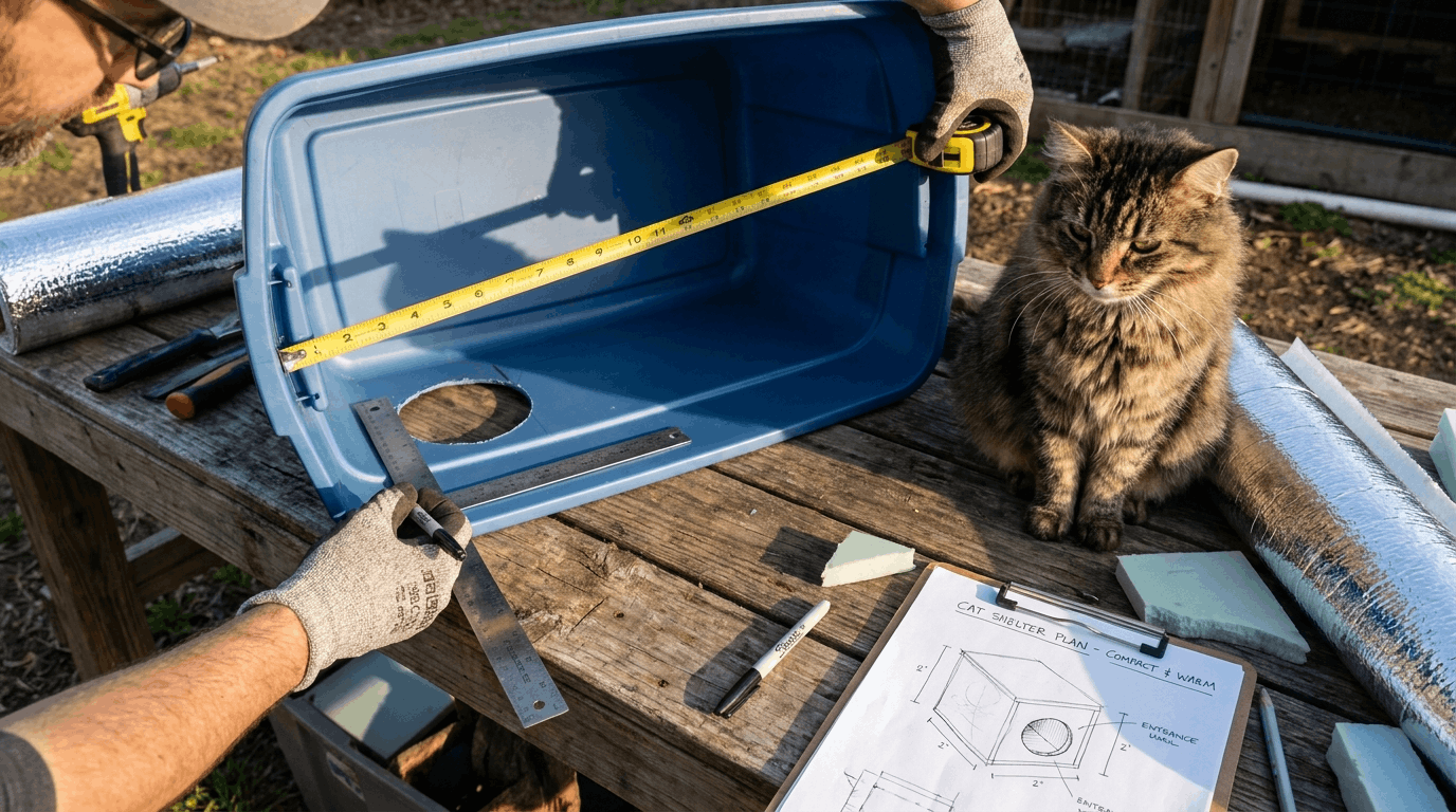 Measuring plastic tote cat shelter dimensions and entrance size to create a warm comfortable outdoor cat house.